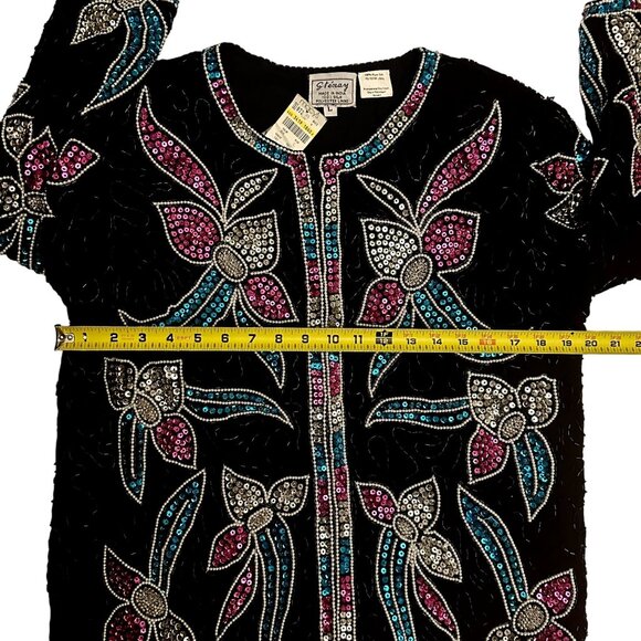 NWT Vintage Black Sequin Beaded Floral Jacket 100% Silk Size Large by Stenay - Picture 11 of 14